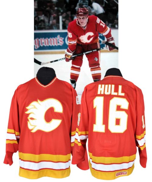 Brett Hulls 1986-87 Calgary Flames Signed Game-Worn Playoffs Jersey with Calgary 1988 Olympic Patch - Team Repairs!
