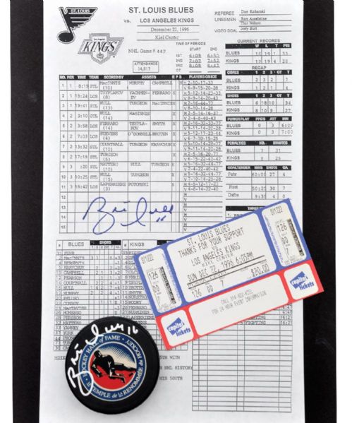 Brett Hull 500th Goal Memorabilia Collection with Signed Score Sheet, Ticket and Signed Puck
