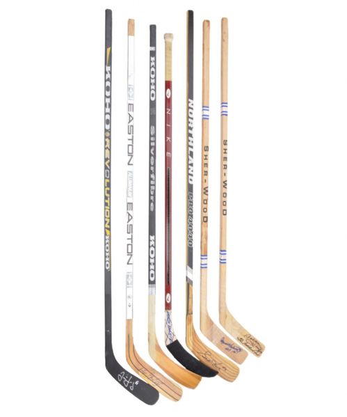 500-Goal Scorers Signed Stick Collection of 7 including Gretzky and Richard Plus Brett Hull Signed Game-Used Stick