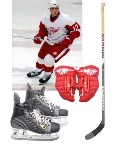 Brett Hulls Early-2000s Detroit Red Wings Innovative Game-Used Stick, Graf Skates and Mission Gloves