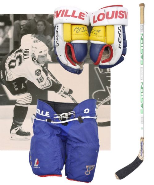 Brett Hulls Mid-1990s St. Louis Blues Game-Used Louisville Gloves and Easton Game-Used Stick Plus Blues Game-Used Pants