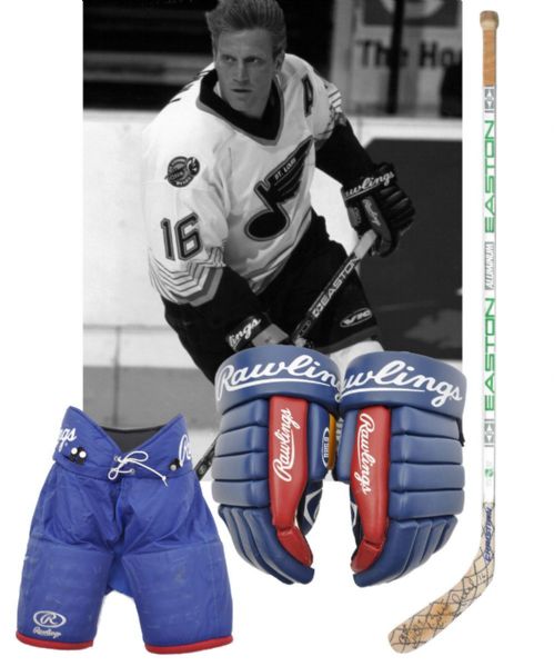 Brett Hulls Mid-1990s St. Louis Blues Game-Used Rawlings Gloves and Signed Easton Game-Used Stick Plus Blues Game-Used Pants