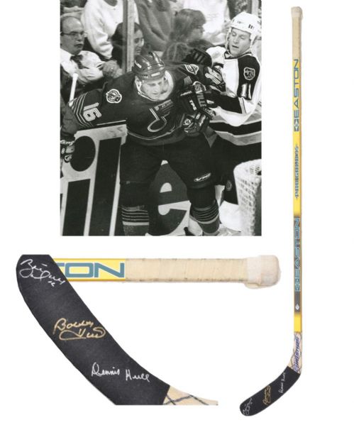 Brett Hulls Circa 1995-96 St. Louis Blues Easton Pro Gold Game-Used Stick signed by Brett, Bobby and Dennis Hull