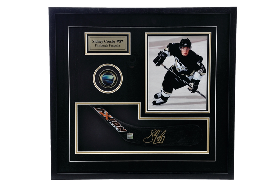 Sidney Crosby Signed Rimouski Oceanic Jersey and Signed Stick Blade and Photo Framed Penguins Display with COAs