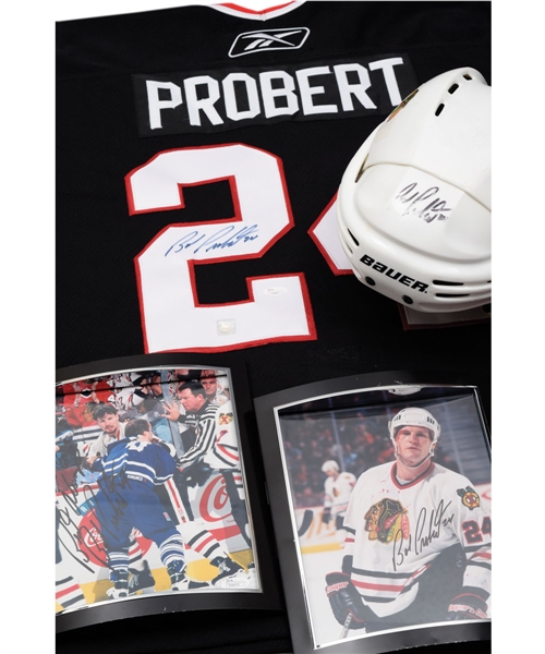 Bob Probert Chicago Black Hawks Signed Jersey and Helmet plus 2 Signed Framed Photos - All JSA Certified