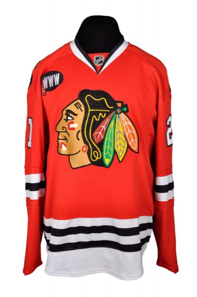 James Wisniewskis 2008 Chicago Black Hawks Hull/Mikita Night Worn Jersey Signed by Mikita and Wisniewski with Team LOA