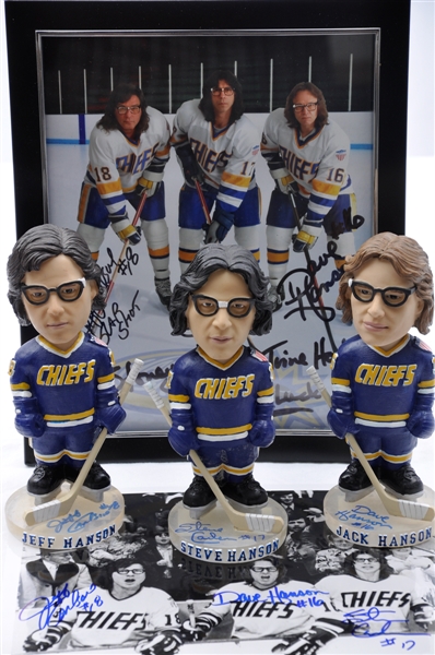 Hanson Brothers Signed Bobble Heads (3) and Multi-Signed Photos (2)