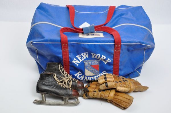 Vintage New York Rangers Equipment Bag Plus Vintage Hockey Equipment Collection (3)