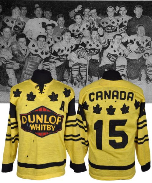 Bob Attersleys 1958 World Championships Whitby Dunlops Game-Worn Alternate Captains Wool Jersey - Worn in Gold Medal Game! - Scored Game-Winning Goal!