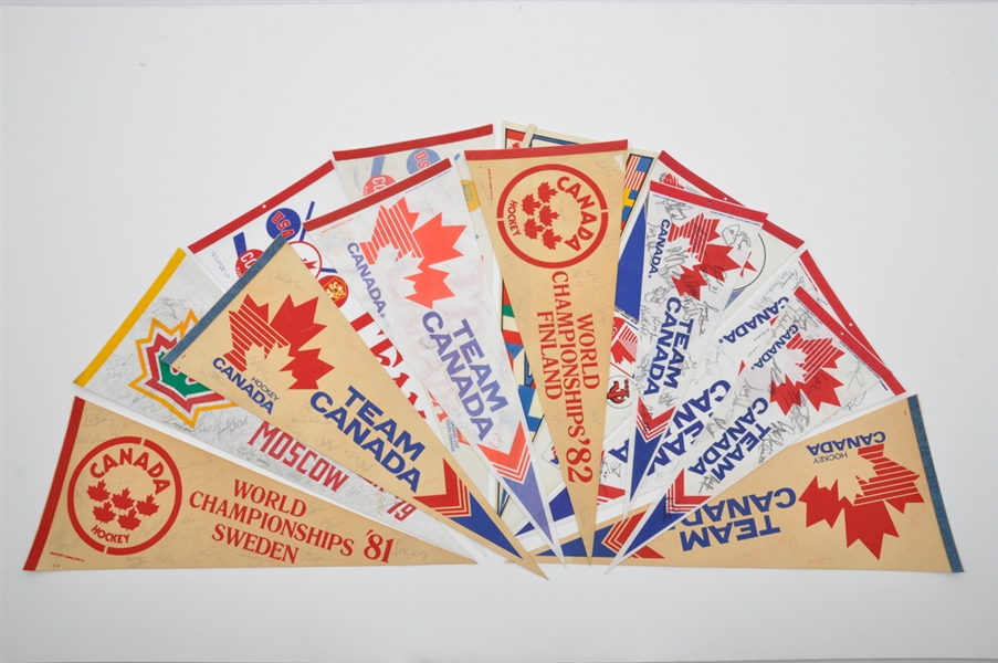 Team Canada 1970s-1990s Hockey Pennant Collection of 13 with 9 Team-Signed Ones