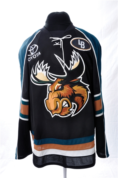 Travis Ehrhardts 2008-09 Manitoba Moose Game-Issued Jersey with Luc Bourdon Patch and Team LOA