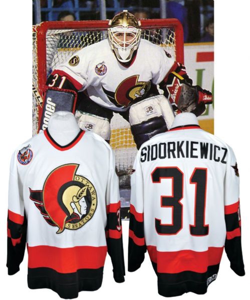 Peter Sidorkiewiczs 1992-93 Ottawa Senators Inaugural Season Game-Worn Home Jersey with Stanley Cup Centennial Patch - Photo-Matched!