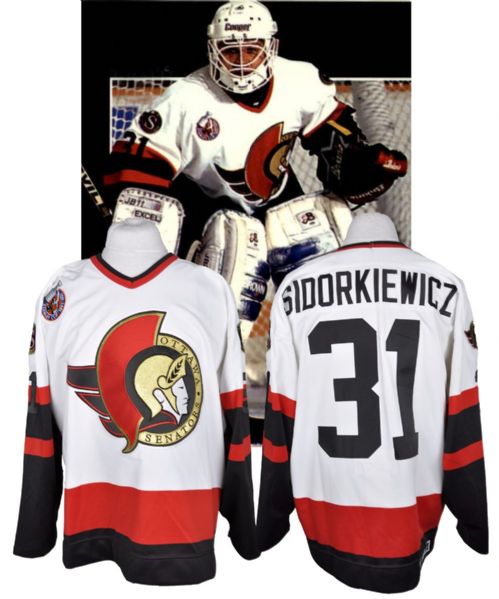 Peter Sidorkiewiczs 1992-93 Ottawa Senators Inaugural Season Game-Worn Home Pre-Season Jersey with Stanley Cup Centennial Patch and Game-Used Team-Signed Sticks (2)