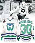 Peter Sidorkiewiczs 1991-92 Hartford Whalers Game-Worn Home Jersey with 75th Patch <br>- Photo-Matched!