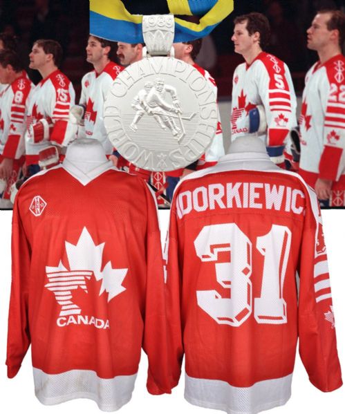 Peter Sidorkiewiczs 1989 World Championships Team Canada Game-Worn Jersey, Silver Medal, <br>Team-Signed Game-Used Stick and Memorabilia Collection