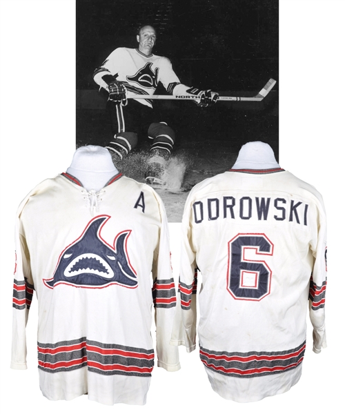 Gerry Odrowskis 1973-74 WHA Los Angeles Sharks Game-Worn Alternate Captains Jersey with His Signed LOA