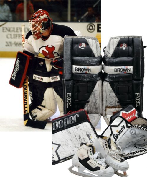Peter Sidorkiewiczs 1990s New Jersey Devils  / Minor Game-Worn Goalie Equipment Collection with Photo-Matched Pads