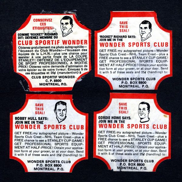 1960-61 Wonder Bread Hockey Wrapper Collection of 4 with Maurice Richard Variations