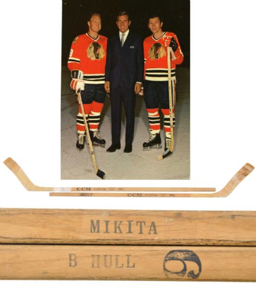 Bobby Hull and Stan Mikita 1960s Chicago Black Hawks "Banana Hook" CCM Game-Issued Sticks 