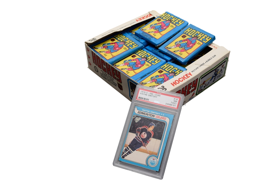 1979-80 O-Pee-Chee Hockey Unopened Packs (2) with LOA, 32 Wrappers and Cards and 1979-80 Wayne Gretzky PSA 7 RC Card
