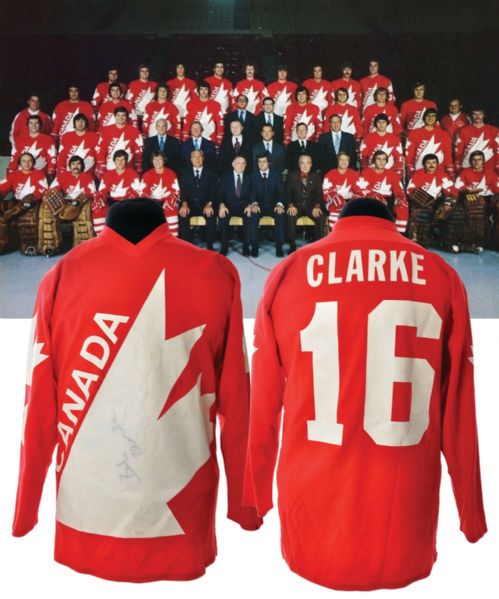 Bobby Clarkes 1976 Canada Cup Signed Team Canada Game-Worn Pre-Tournament Jersey