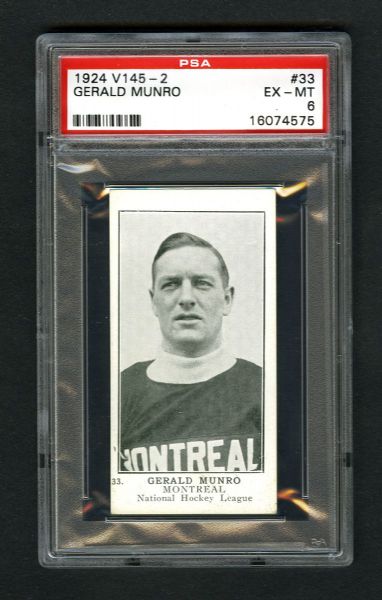 1924-25 William Patterson V145-2 Hockey Card #33 Gerald "Gerry" Munro RC - Graded PSA 6 - Highest Graded!