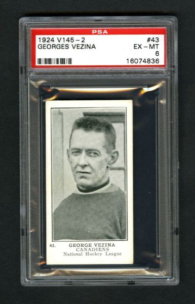 1924-25 William Patterson V145-2 Hockey Card #43 HOFer Georges "Chicoutimi Cucumber" Vezina - Graded PSA 6 - Highest Graded!