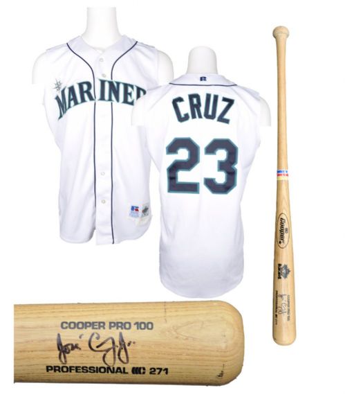 Jose Cruz Jr.s 1997 Seattle Mariners Game-Issued Rookie Season Jersey, Signed Pro Bat and Photo
