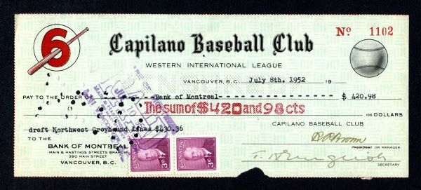 Capilano Baseball Club 1952 HOFer Bob Brown Signed Check and Circa 1954 Danny Holdens Game-Used Bat