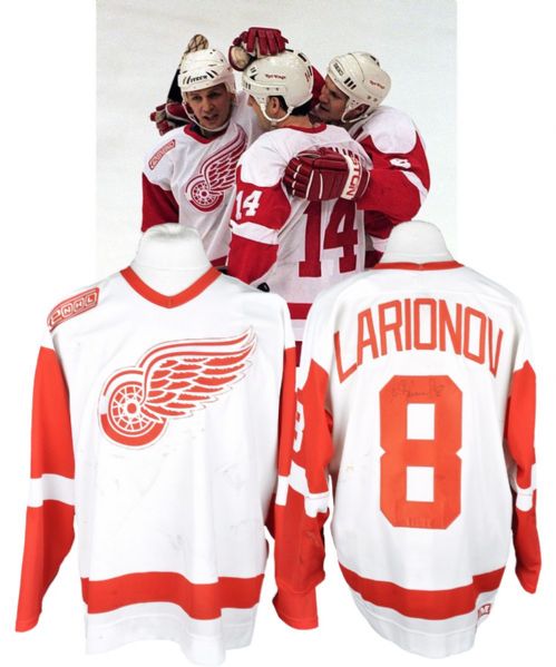 Igor Larionovs 1999-2000 Detroit Red Wings Signed Game-Worn Playoffs Jersey <br>- Team Repairs! - Photo-Matched!