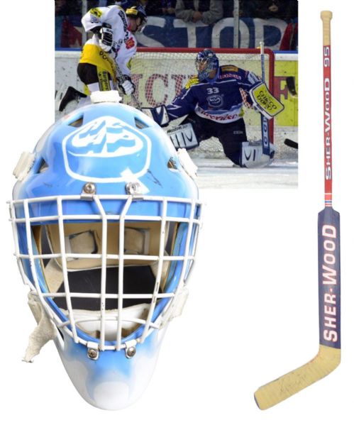 Pauli Jaks 1998-99 HC Ambri-Piotta Game-Worn Goalie Mask and 1995 Signed Game-Used Sher-Wood Stick