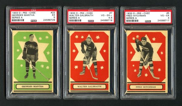 1933-34 O-Pee-Chee V304 Series "A" Hockey Cards #5 Hitchman, #7 Galbraith RC and #22 Mantha RC - All PSA-Graded