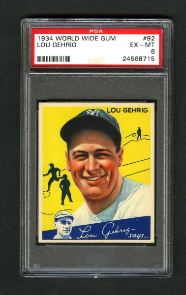 1934 World Wide Gum V354 Baseball Card (Canadian Goudey) #92 HOFer Lou Gehrig - Graded PSA 6