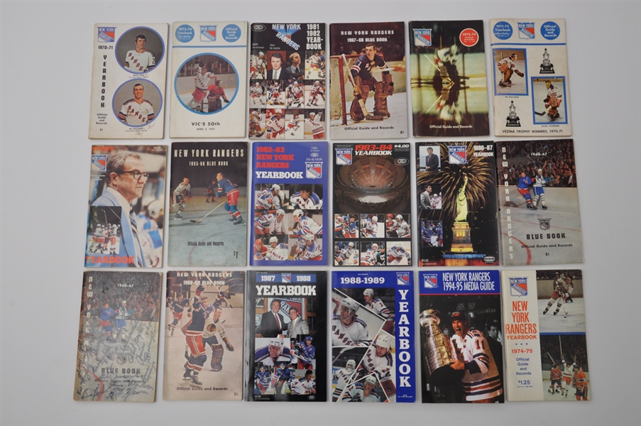New York Rangers 1965-95 Media Guide Collection of 18 with 1966-67 Team-Signed Media Guide
