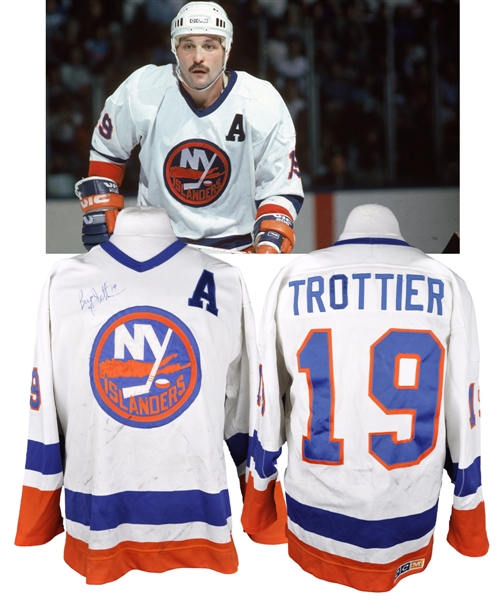 Bryan Trottiers 1985-86 New York Islanders Signed Game-Worn Alternate Captains Jersey with LOAs - Team Repairs! - Photo-Matched!