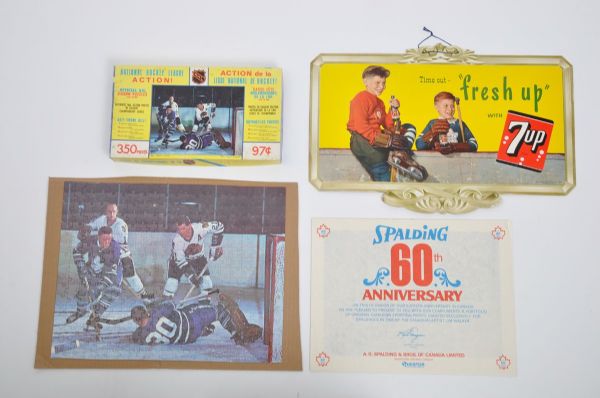 Late-1940s Seven-UP Hockey Advertising, 1973 Spalding Sporting Prints Portfolio and 1970s NHL Jigsaw Puzzle