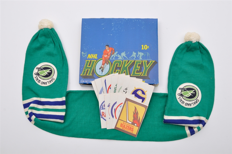 1972-73 O-Pee-Chee WHA Logo Cards (13), 1960s O-Pee-Chee Seals Scarf Premium and 1971-72 Topps Empty Wax Box