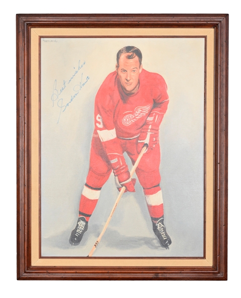 Gordie Howe Signed Vintage Detroit Red Wings Framed Painting on Canvas (29” x 23”)