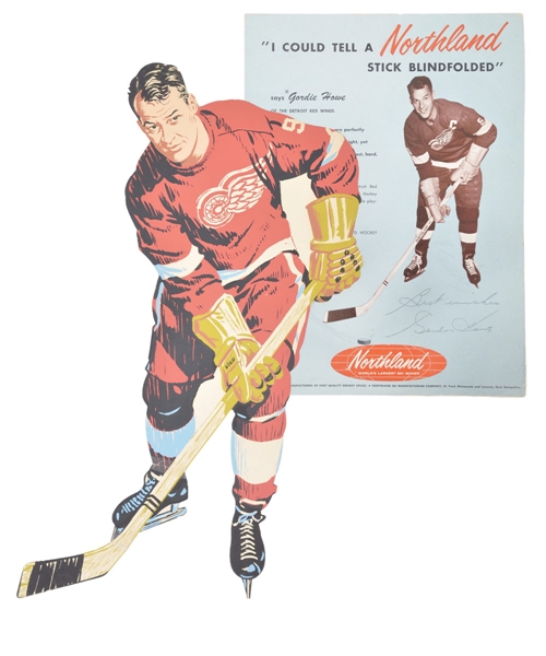 Scarce 1960s Gordie Howe Stand-Up Store Display Collection of 2 with Signed Northland Hockey Stick Display
