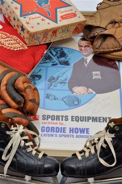 Gordie Howe 1960s Eaton TruLine Sports Equipment Signed Poster and Endorsed Equipment Collection