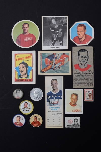Gordie Howe 1950s/1970s Hockey Card, Coin, Stamp and Other Collection of 16
