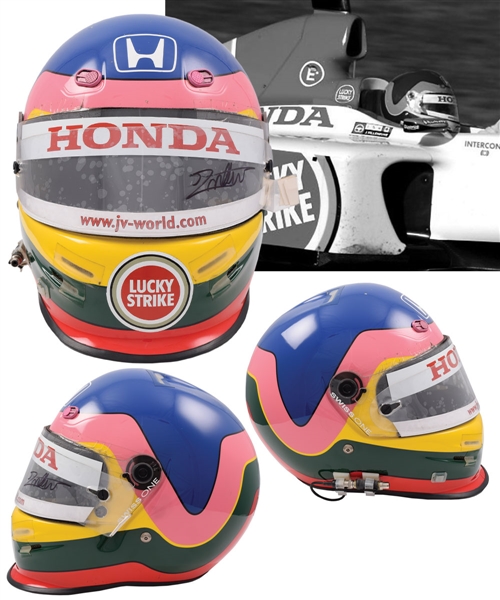 Jacques Villeneuves 2002 Lucky Strike BAR Honda F1 Team Bell Race-Worn and Test Helmet 