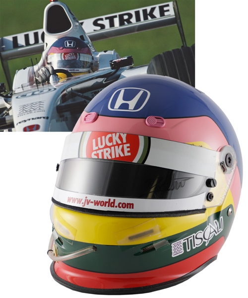 Jacques Villeneuves 2001 Lucky Strike BAR Honda F1 Team Bell Race-Worn Helmet with His Signed LOA