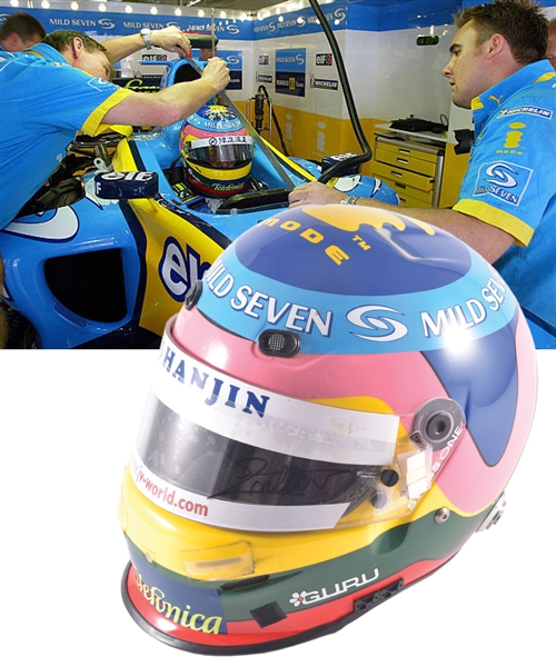 Jacques Villeneuve’s 2003 Lucky Strike BAR Honda / 2004 Mild Seven Renault F1 Teams Bell Race-Worn Helmet with His Signed LOA