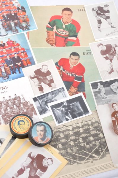 Vintage Montreal Canadiens Memorabilia Collection with Maurice Richard 500th Goal Souvenir Puck, La Patrie Pictures and More!
