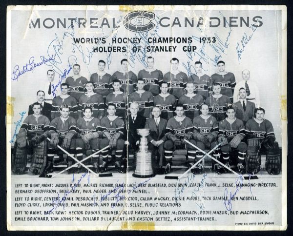 Montreal Canadiens 1952-53 Stanley Cup Champions Team-Signed Photo by 19 with Plante, Harvey and Geoffrion