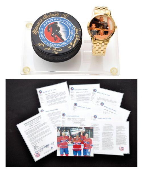 "Montreal Classic" Richard, Beliveau and Lafleur Watch Plus Triple-Signed Limited-Edition Photo and Puck #70/1924 with LOA