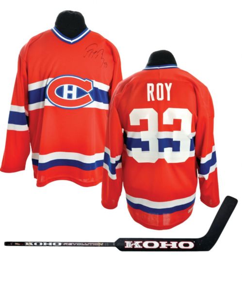 Patrick Roy Signed Game-Issued Stick and Signed Montreal Canadiens Jersey