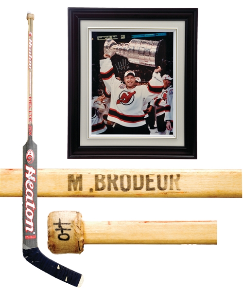 Martin Brodeurs 1999-2000 New Devils Signed Heaton Game-Used Stick Plus Signed Framed 2003 Stanley Cup Photo