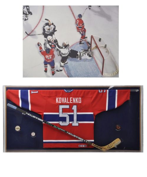 Andrei Kovalenkos 1995-96 Montreal Canadiens "Last Goal at the Forum" Game-Worn Jersey, Stick and Goal Puck Plus Last Official Face-Off Puck Framed Display -From 1996 Montreal Forum Auction with COAs